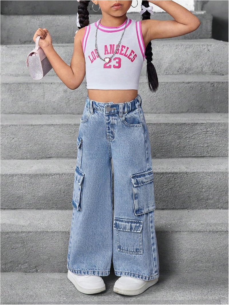 WDIRARA Toddler Girl's Wide Leg Cargo Jeans High Waisted Baggy Denim Pants - Image 5